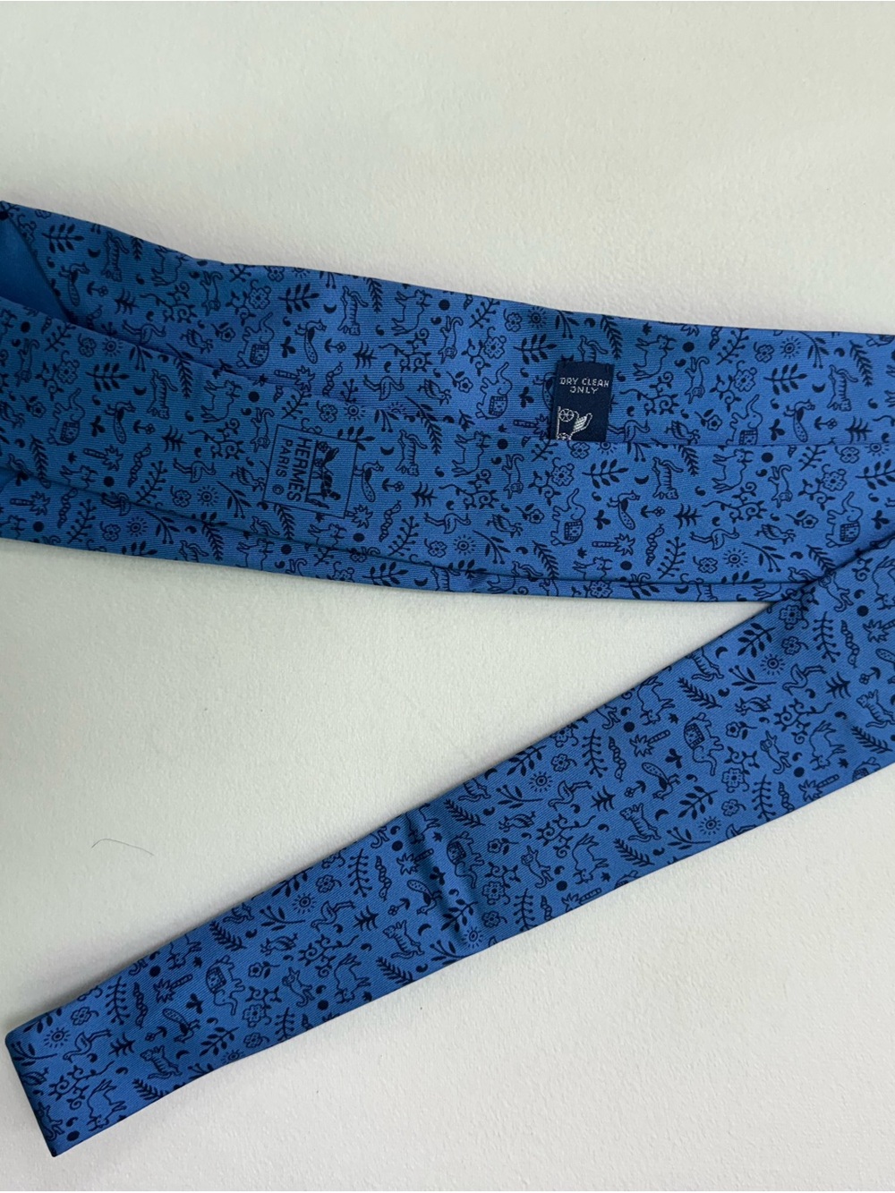 Hermes Blue Silk Skinny Tie with Black Doodle Motif